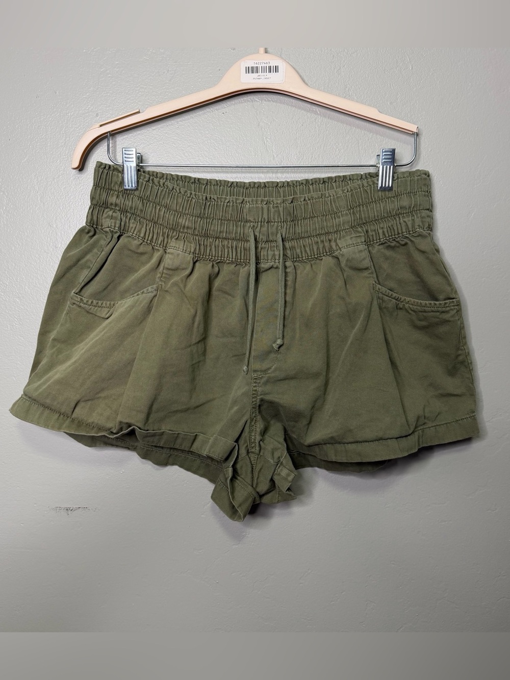 Aerie Womens Cotton Olive Green High Rise Pull On Smocked Waist Shorts Large
